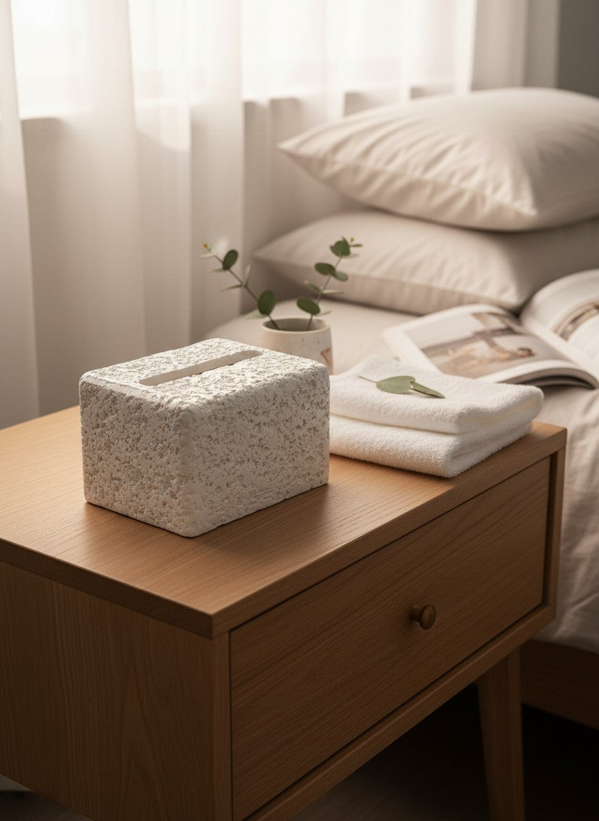 High Objects white textured rectangular tissue box with a rough, porous surface and a central slot.