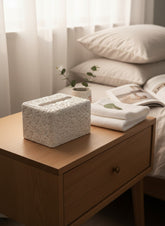 High Objects white textured rectangular tissue box with a rough, porous surface and a central slot.