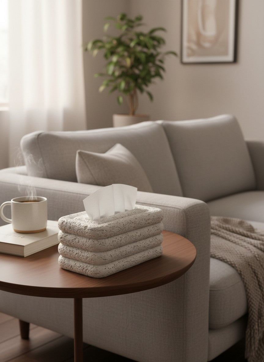 High Objects white textured rectangular tissue box with grooved sides and a central slot.