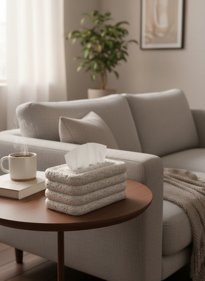 High Objects white textured rectangular tissue box with grooved sides and a central slot.