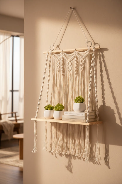 High Objects Willow Macramé Cascade Shelf with off-white cotton fringe, wood shelf, and metal ring details.