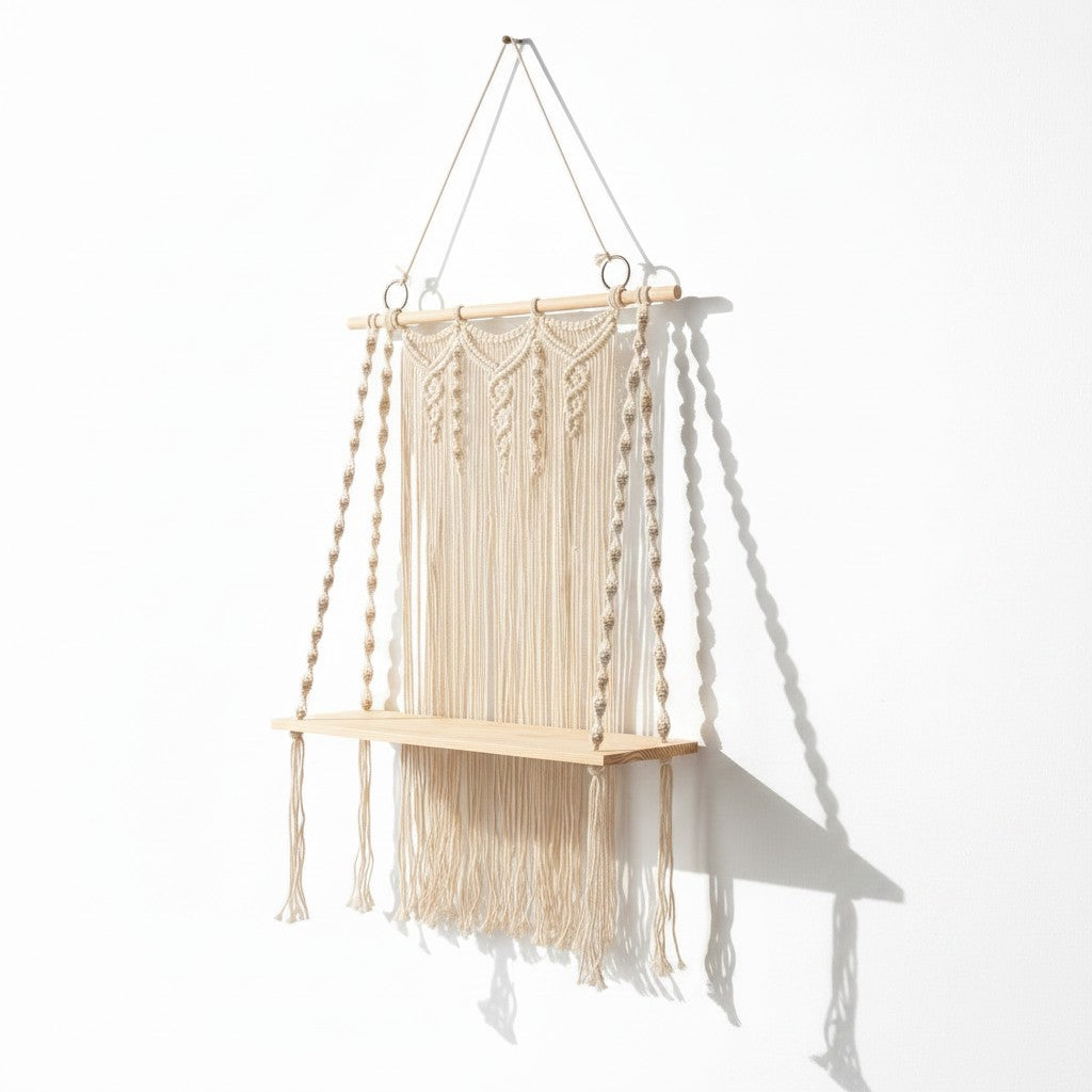 High Objects Willow Macramé Cascade Shelf with off-white cotton fringe and wood shelf, adorned with plants and books.