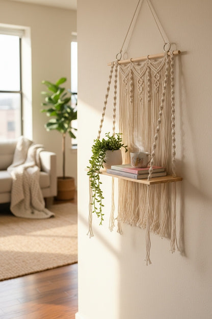 High Objects Willow macramé shelf with waterfall fringe, wood base, and decorative rings. Cream cotton.