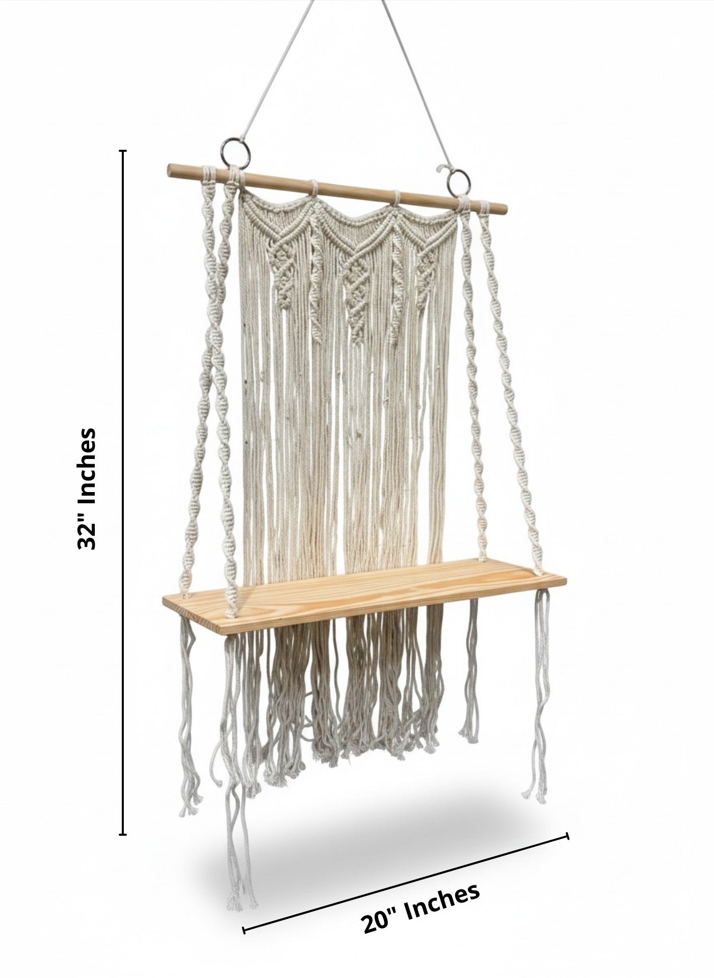 High Objects Willow Macramé Cascade Shelf with off-white cotton fringe and natural wood platform.