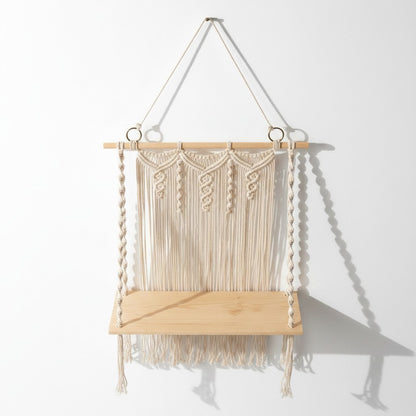 High Objects Willow Macramé Cascade Shelf with off-white cotton fringe and natural wood platform.