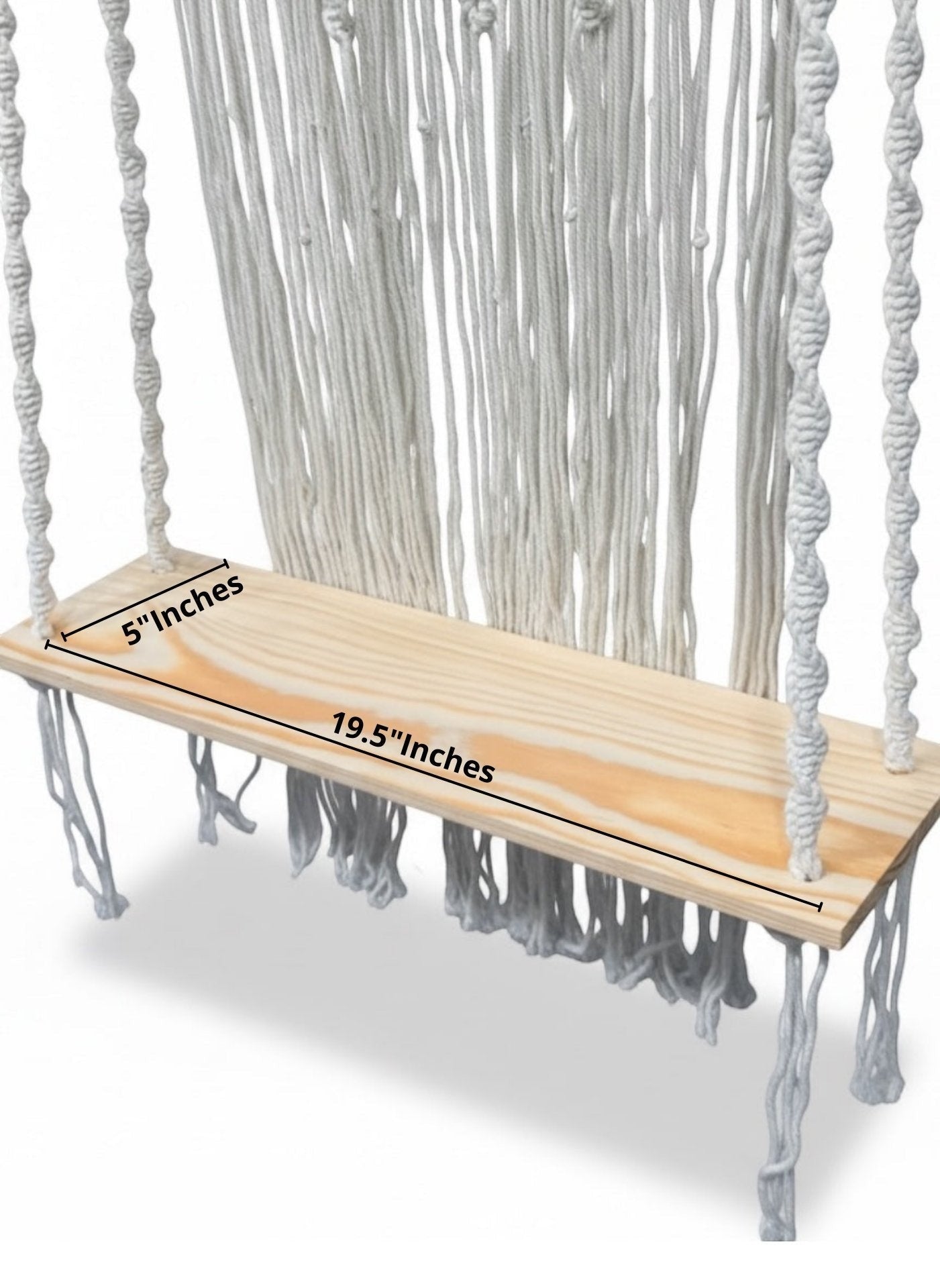 High Objects Willow Macramé Cascade Shelf with off-white cotton fringe and natural wood platform. Boho style.