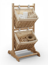 High Objects natural wood 2-tier storage organizer with woven baskets holding towels, toiletries, and rope.