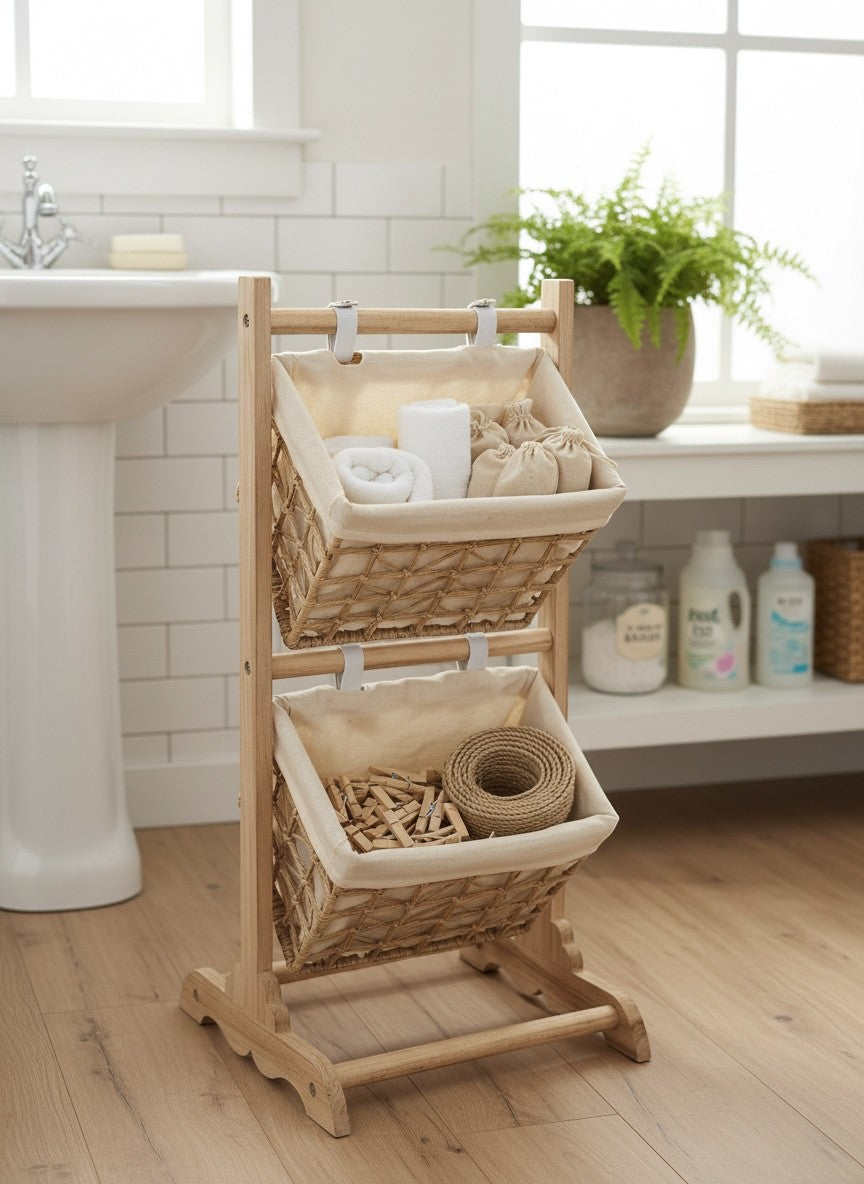 High Objects wooden 2-tier basket storage organizer with woven baskets, perfect for bathrooms or laundry rooms.