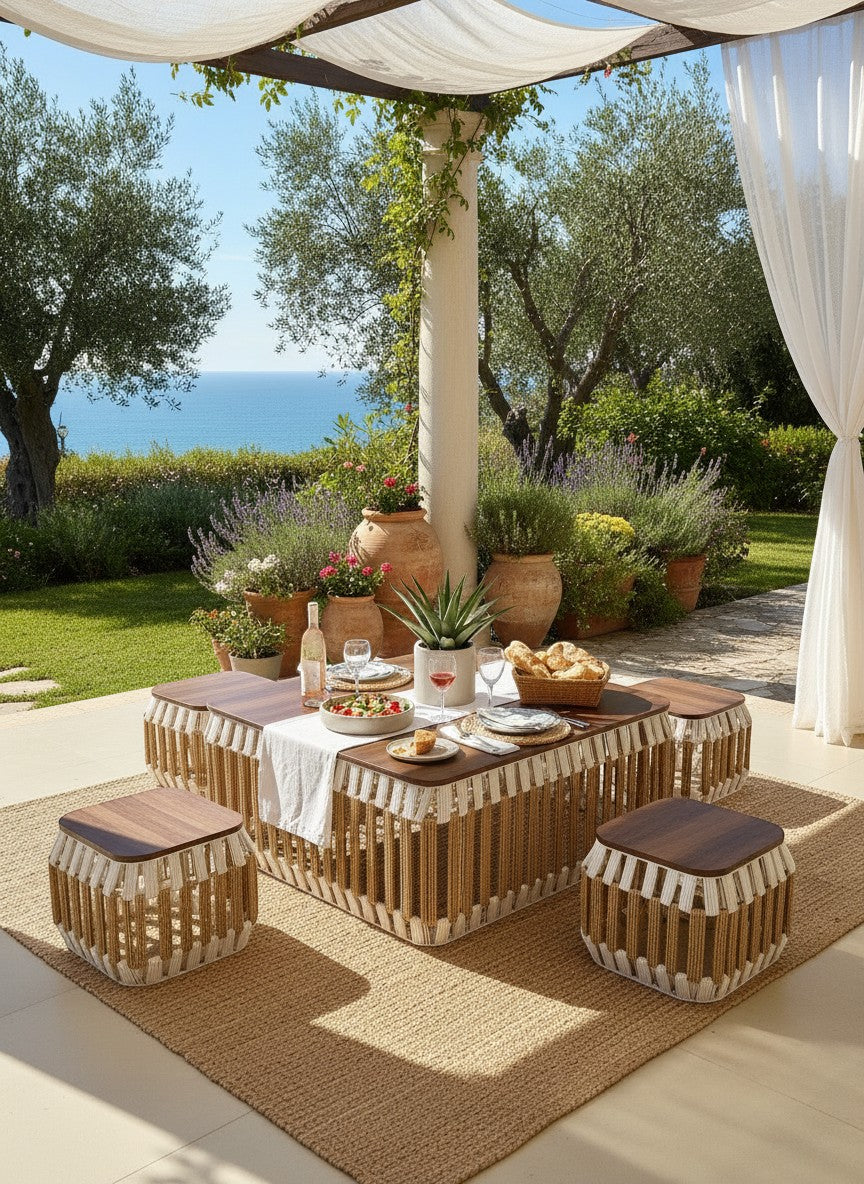 High Objects modern wooden coffee table set with 4 woven ottomans, featuring a wood top and decorative rope base. Ideal for outdoor seating.