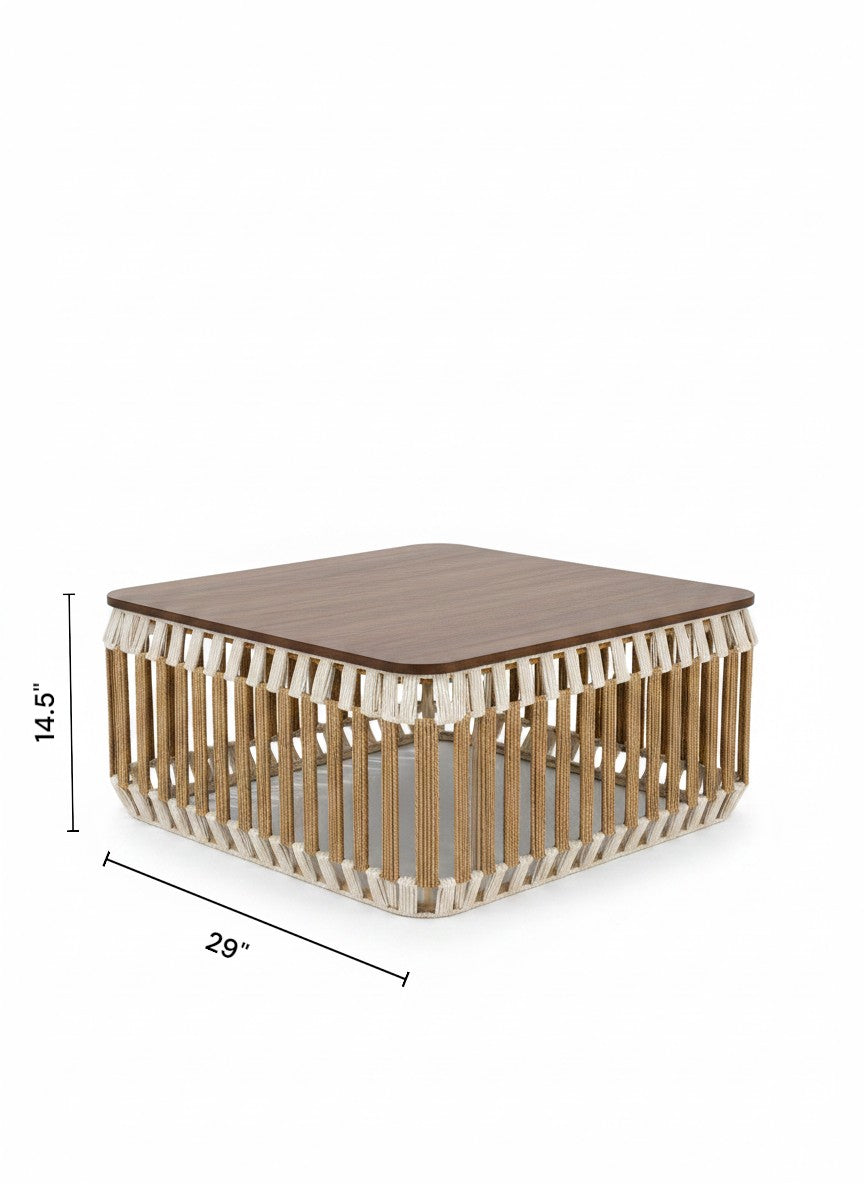 High Objects modern wooden coffee table set with 4 woven ottomans, featuring a square walnut top and decorative macrame base.