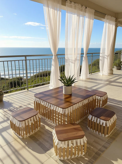 High Objects modern wooden coffee table set with 4 woven stools, featuring a dark wood top and white macrame fringe.