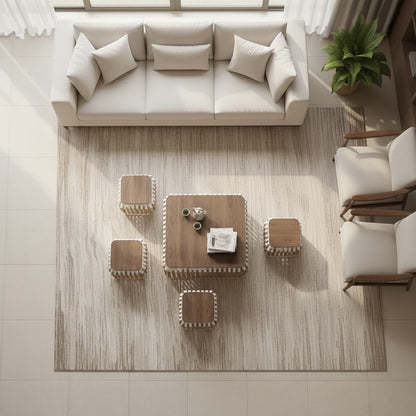 High Objects modern coffee table set with wooden top and woven base, includes 4 stools that fit underneath. Natural tones.
