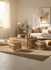 High Objects modern coffee table set with 4 woven stools, featuring wooden tops and a decorative rope base. Space-saving design.