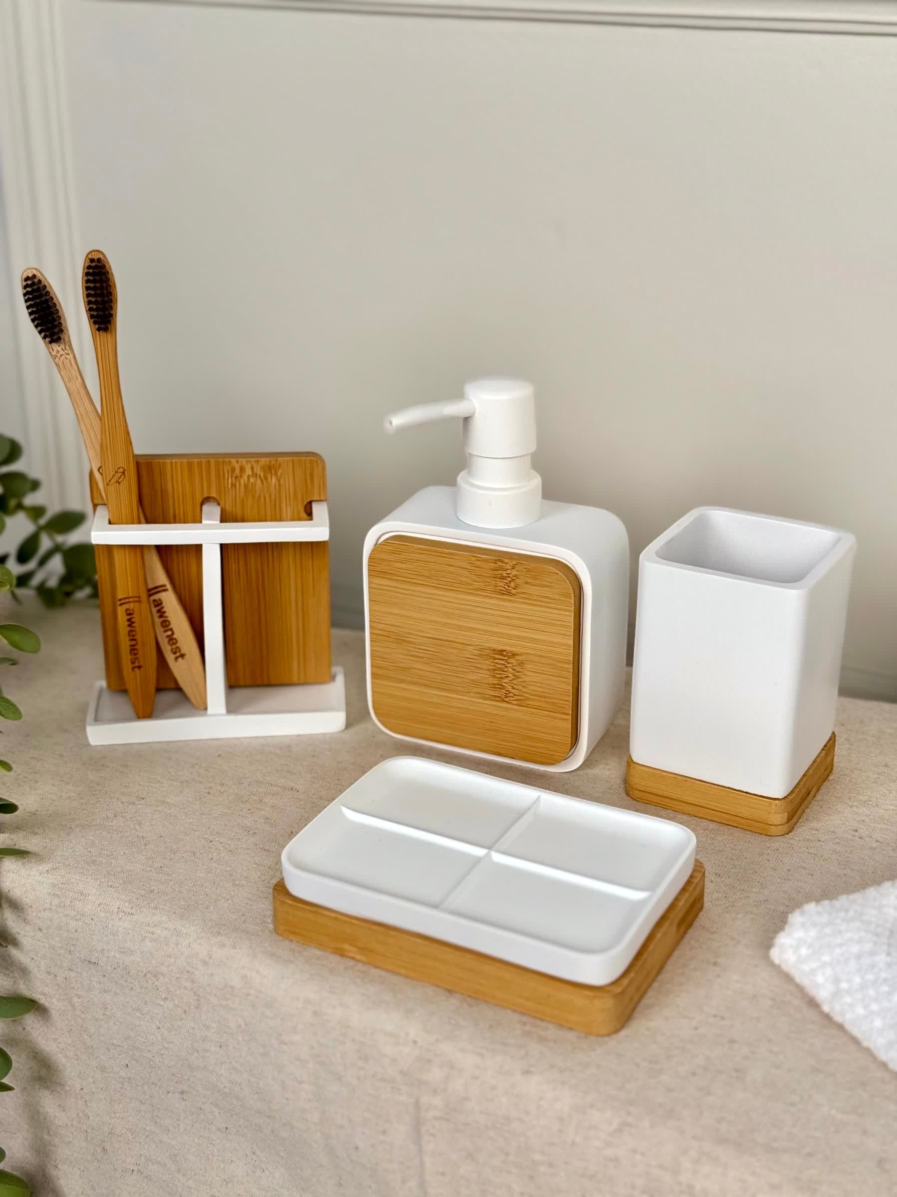 High Objects Zenform Bathroom Essentials Set: white soap dispenser, toothbrush holder, cup, and soap dish with bamboo accents.