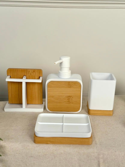 High Objects Zenform Bathroom Essentials Set: white soap dispenser, toothbrush holder, and tray with bamboo accents.