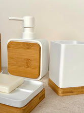 High Objects Zenform Bathroom Essentials Set: white soap dispenser, soap dish, and cup with bamboo accents.