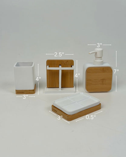 High Objects Zenform Bathroom Essentials Set: white ceramic toothbrush holder, soap dish, and dispenser with bamboo accents.
