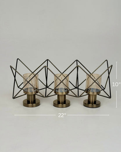 High Objects Zigzag Geo Candle Stand Set with three amber glass holders and brushed metal base, 22" W x 10" H