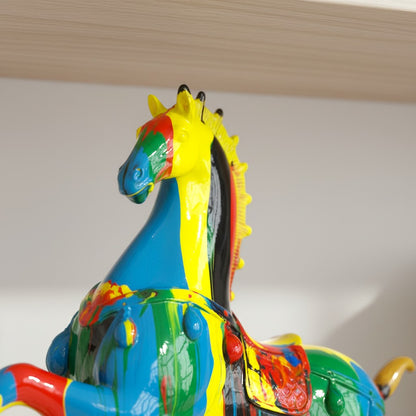 High Objects colourful abstract horse sculpture with bold paint strokes on a decorative base.