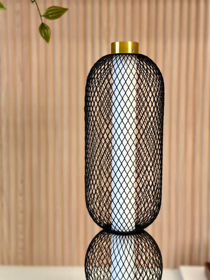 High Objects Atlas Mesh Column Table Lamp with black mesh shade and brushed gold accents.