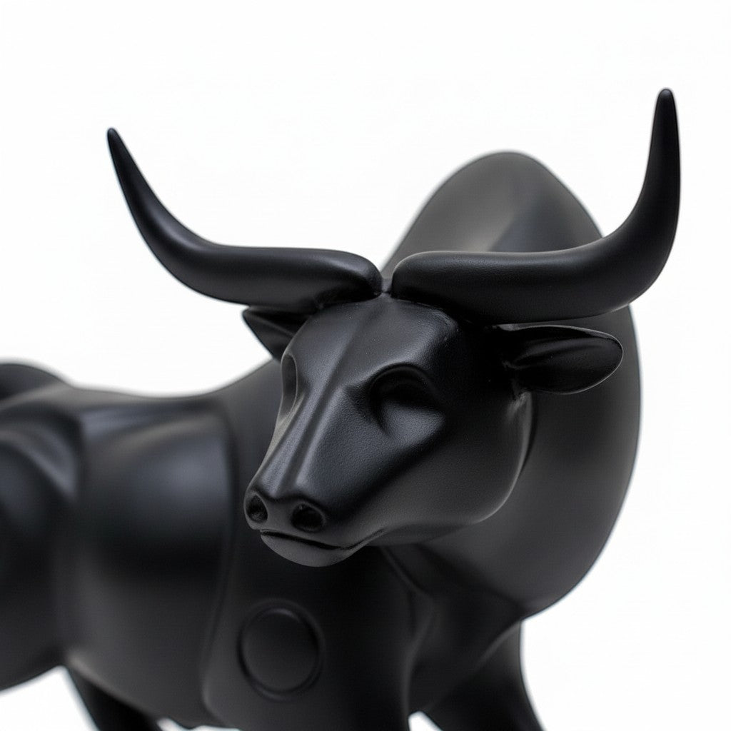 High Objects black matte bull showpiece with powerful stance and curved horns, ideal for desk or shelf decor.