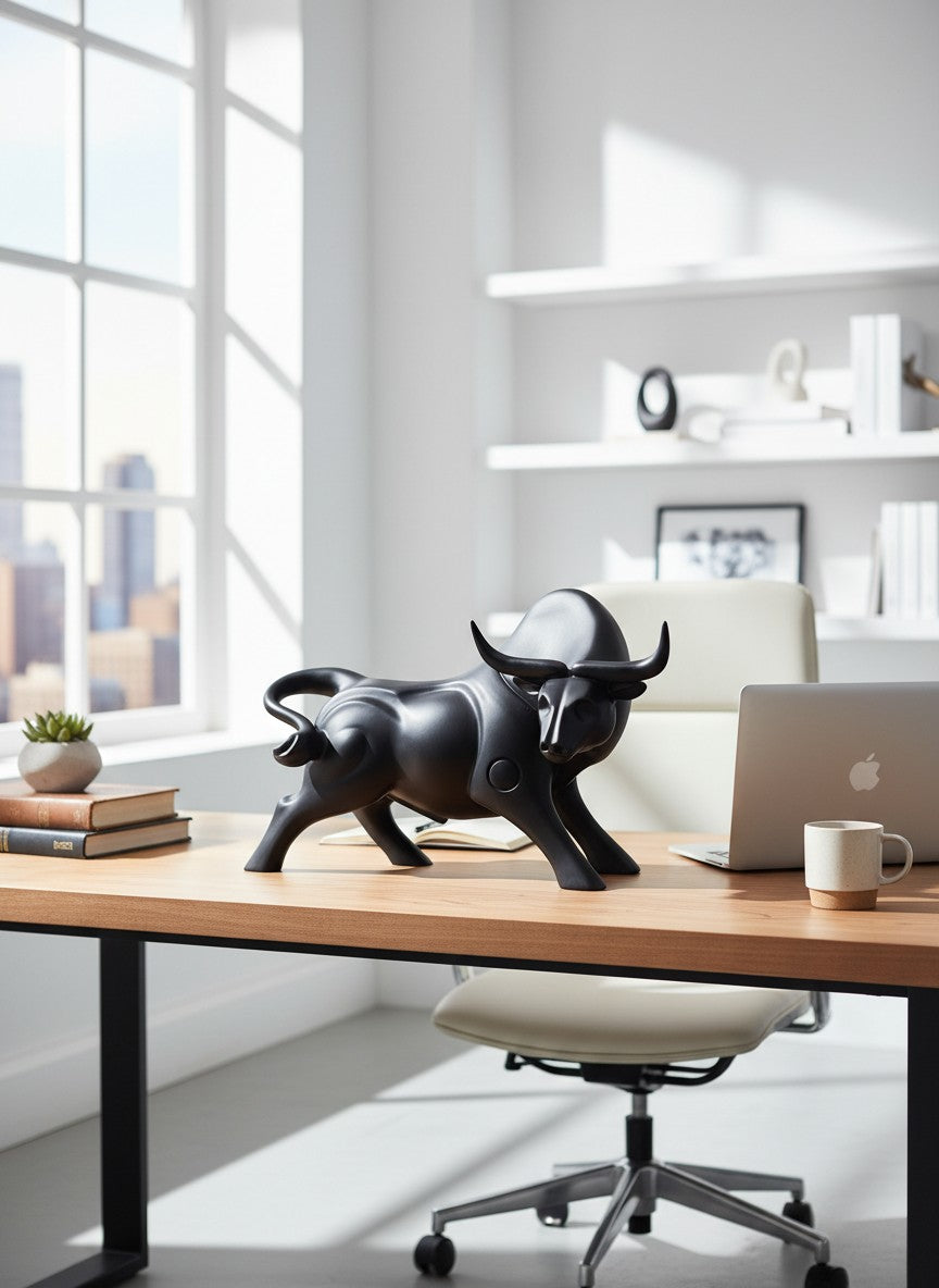 High Objects black matte bull showpiece with curved horns and muscular body, poised for action.