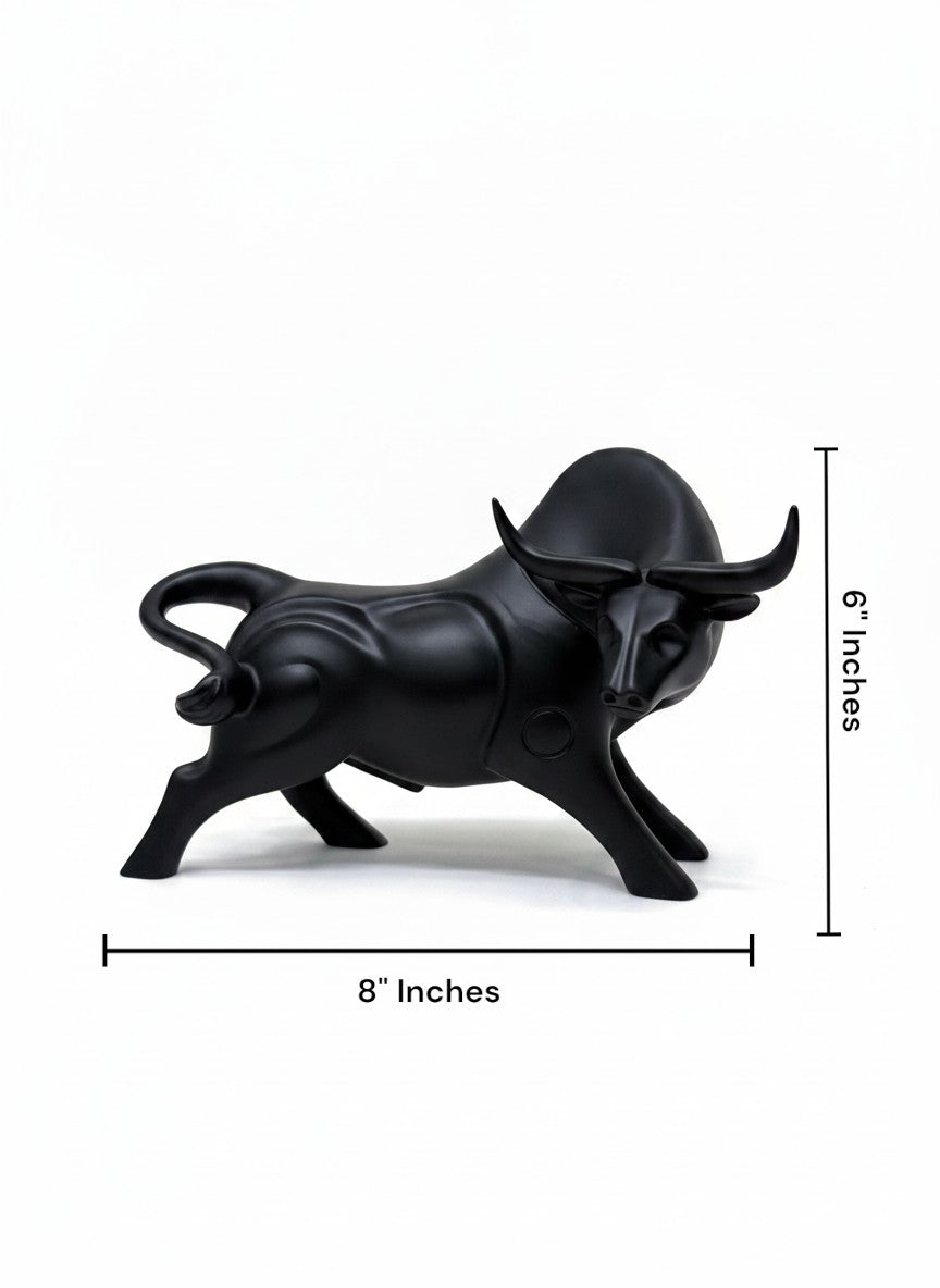 High Objects black bull showpiece with curved horns and muscular body, a symbol of strength and prosperity.