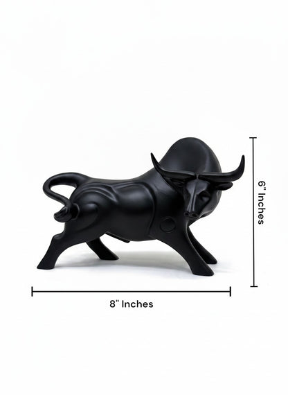 High Objects black bull showpiece with curved horns and muscular body, a symbol of strength and prosperity.