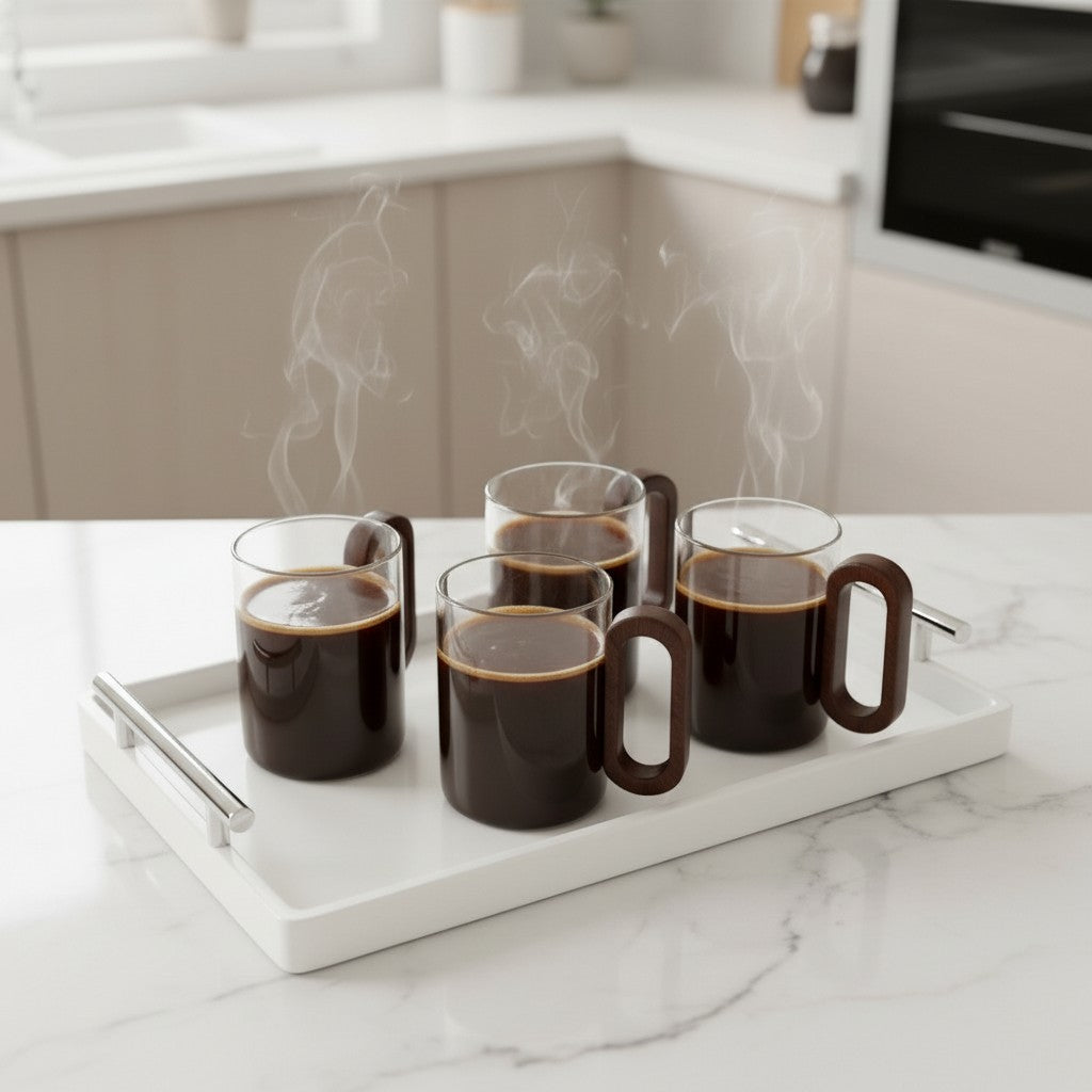 High Objects OBLIQ glass cups with squared wooden handles, set of 4, filled with steaming coffee.