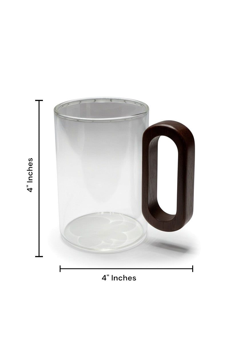 High Objects OBLIQ glass cup with squared dark wood handle, 4 inches tall, modern minimalist design.