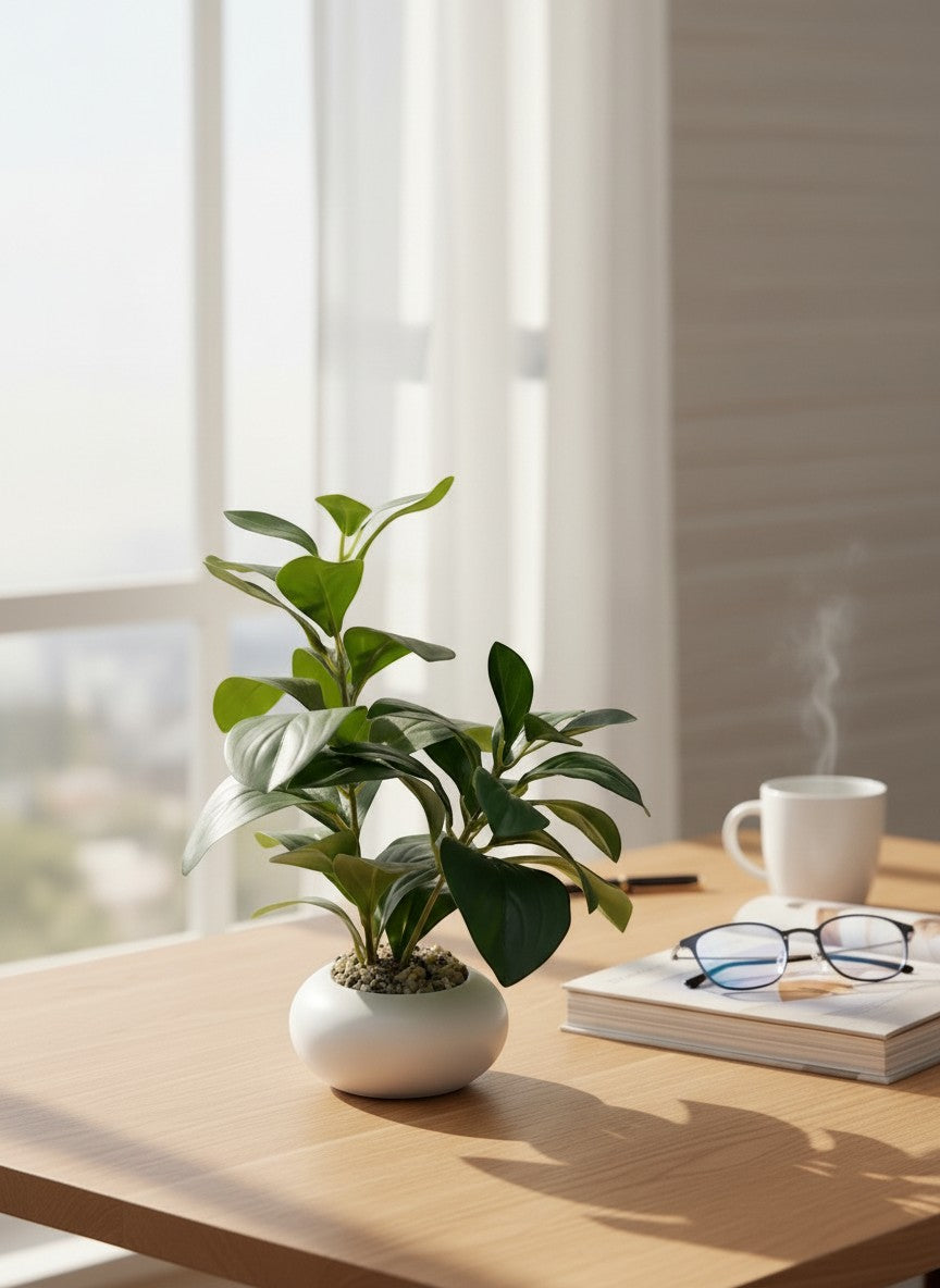 High Objects green artificial plant in a white ceramic pot with pebbles, on a wooden desk with a book and glasses.