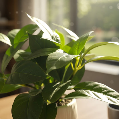 High Objects green ficus plant in a white ribbed pot, a decorative indoor plant.