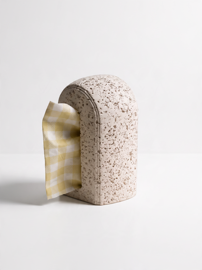 High Objects Olea white stone-textured tissue box with a modern arched design and a yellow gingham tissue.