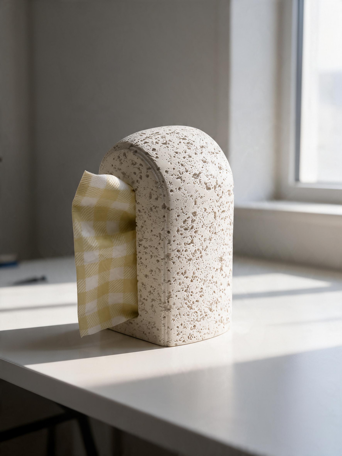 High Objects Olea white tissue box with a rough stone-like texture and a modern arched design on a table.